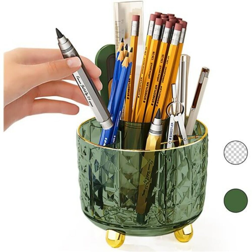 Dark green rotating pen holder desk organizer pencil brush makeup storage case